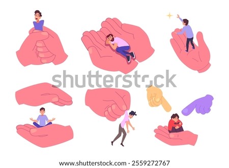 Hands holding people. Concept illustrations with big hand and tiny characters exact vector psychology ads template