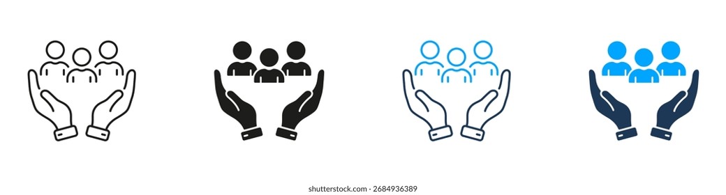 Manos Que Sostienen La Línea De Personas Y El Conjunto De Iconos Sólidos. Colección De Símbolos De Asistencia, Cuidado Y Protección De La Comunidad. Gestión De Recursos Humanos Y Responsabilidad Social. Ilustración vectorial aislada.