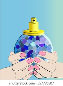 Hands holding perfume bottle filled with various blue flowers. Vector illustration