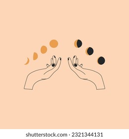 Hands Holding The Phases Of The Moon. Astrological Items Vector Design.