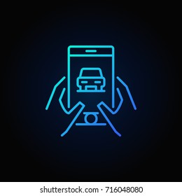 Hands holding phone with car icon - vector buy car online or rent a car concept blue outline symbol on dark background