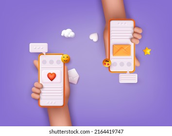 Hands holding phone with chat app. Social network concept. 3D Web Vector Illustrations.