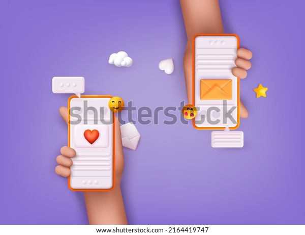 Hands holding phone with chat app. Social\
network concept. 3D Web Vector\
Illustrations.