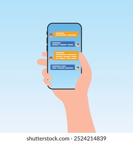 Mãos segurando o telefone com bate-papo na tela do telefone celular. Mensagens usando aplicativo de chat ou rede social.	
