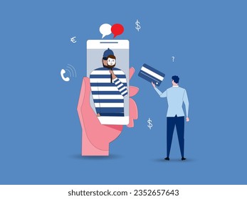 hands is holding a phone with a chat with a scam on the smartphone screen. Concept of cybercrime, fraud and blackmail, online crimes on the internet, social networks, dating apps. Vector flat