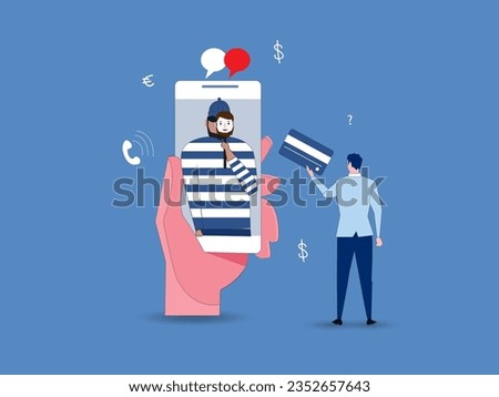 hands is holding a phone with a chat with a scam on the smartphone screen. Concept of cybercrime, fraud and blackmail, online crimes on the internet, social networks, dating apps. Vector flat