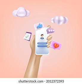 Manos sosteniendo el teléfono con chat. Sms en pantalla de teléfono móvil. Mensajería usando aplicación de chat o red social. Ilustraciones de vectores Web 3D.