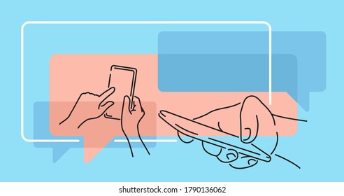 Hands holding phone - chatting people in thin outline decoration - vector illustration