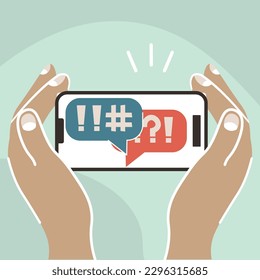 Hands holding a phone, communication, social networks, message, cartoon hands, vector image, clipart, banner