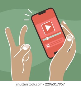 Hands holding a phone, communication, social networks, message, cartoon hands, vector image, clipart, sketch, banner.