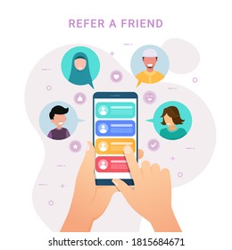 Hands holding phone with contacts for Refer a friend design concept. Social media marketing for friends vector illustration