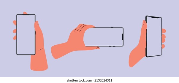Hands holding the phone in different poses, horizontal and vertical position, illustration of female hands showing a smartphone with a blank screen. Isolated flat vector.