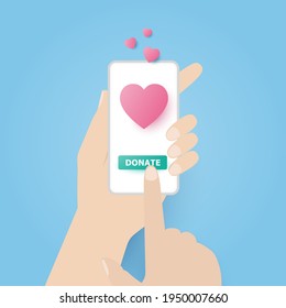 Manos sosteniendo el teléfono con el botón de donar con el corazón de papel rosa en el teléfono inteligente. Concepto de donación. Ilustración del vector
