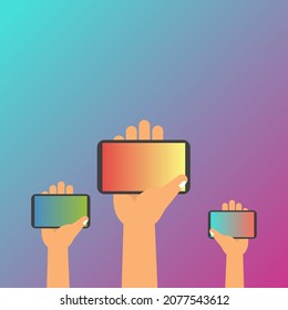 Manos sosteniendo el teléfono. Burla de pantalla vacía. Comunicación de redes sociales en aplicación móvil. Aplicación en pantalla táctil móvil. Diseño de dibujos animados planos vectoriales