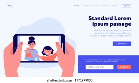 Hands holding phone with family photo. Wife, mother, children flat vector illustration. Technology and relationship concept for banner, website design or landing web page