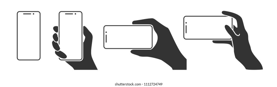 Hands Holding A Phone In Horizontal And Vertical Positions. Blank Screen Smartphone For Message Or Photo In Various Positions.