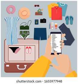 Hands holding phone with a list of things to travel. Open baggage with travel clothes and objects on the background. Flat vector illustration