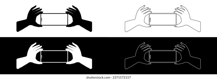 Hands holding phone making selfie photo. Icon on a black and white background.