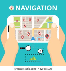 Hands holding a phone with mobile gps navigation. Finding the way concept. Flat vector illustration.