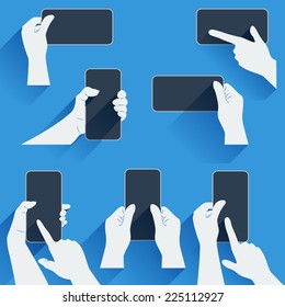 Hands holding a phone or other gadget. Flat template with long shadows. Vector illustration.