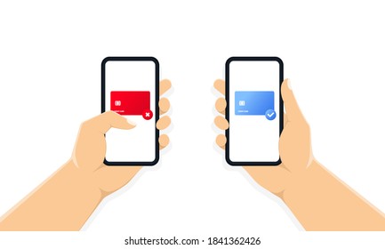 Hands holding phone with payment form on the screen, payment by card online. Online payment confirmation. Credit card with check mark. Credit card with agree and denied sign. Scan terminal.