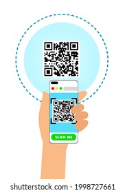 Manos sosteniendo el teléfono con código qr. Ejemplo de código QR para escaneo de smartphones. Ilustración vectorial en un fondo aislado blanco.