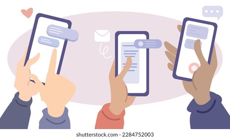 Hands holding a phone receive and send messages. Communication Concept Vector. 
