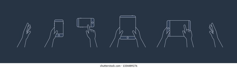 Hands holding phone set. Phone, tablet and another gadgets in hand. In vertical and horizontal position. Cute simple and modern line design. Flat style vector illustration.