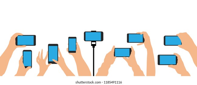 Hands holding phone, smartphone. Crowd of people event, concert, party. Isolated set vector illustration