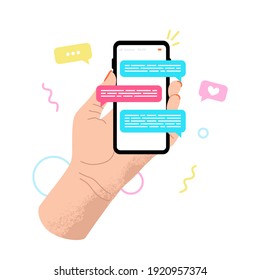 Hands holding phone. Social networking concept. Vector flat cartoon illustration for web sites and banners design