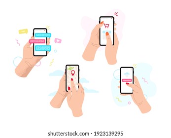 Hands holding phone. Social networking concept.  Vector flat cartoon illustration for web sites and banners design