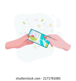 Hands holding a phone or tablet. Phone with map and marker. Mobile gps navigation and path tracking concept. The woman is holding a phone in her hand. Vector illustration.