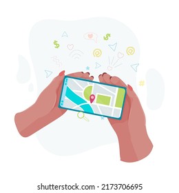 Hands holding a phone or tablet. Phone with map and marker. Mobile gps navigation and path tracking concept. The woman is holding a phone in her hand. Vector illustration.