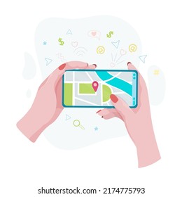 Hands holding a phone or tablet. Phone with map and marker. Mobile gps navigation and path tracking concept. The woman is holding a phone in her hand. Vector illustration.