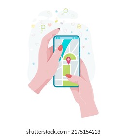 Hands holding a phone or tablet. Phone with map and marker. Mobile gps navigation and path tracking concept. The woman is holding a phone in her hand. Vector illustration.