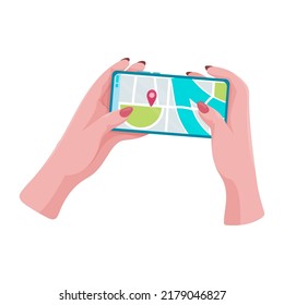 Hands holding a phone or tablet. Phone with map and marker. Mobile gps navigation and path tracking concept. The woman is holding a phone in her hand. Vector illustration.