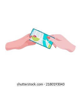 Hands holding a phone or tablet. Phone with map and marker. Mobile gps navigation and path tracking concept. The woman is holding a phone in her hand. Vector illustration.