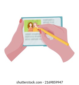 Hands holding a phone or tablet. Math lesson, video course, online learning, distance learning, webinar, internet class. A woman holds a phone or tablet in her hand. Vector illustration.