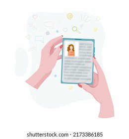 Hands holding a phone or tablet. Math lesson, video course, online learning, distance learning, webinar, internet class. A woman holds a phone or tablet in her hand. Vector illustration.