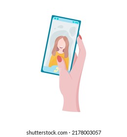 Hands holding a phone or tablet. Math lesson, video course, online learning, distance learning, webinar, internet class. A woman holds a phone or tablet in her hand. Vector illustration.
