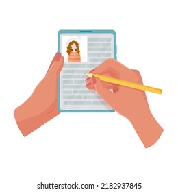 Hands holding a phone or tablet. Math lesson, video course, online learning, distance learning, webinar, internet class. A woman holds a phone or tablet in her hand. Vector illustration.