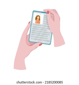 Hands holding a phone or tablet. Math lesson, video course, online learning, distance learning, webinar, internet class. A woman holds a phone or tablet in her hand. Vector illustration.