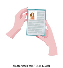 Hands holding a phone or tablet. Math lesson, video course, online learning, distance learning, webinar, internet class. A woman holds a phone or tablet in her hand. Vector illustration.