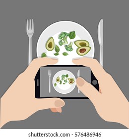 Hands holding phone taking photo of health food. Instagram blogger. Subject photography. Freelancer. Top view. Flat vector illustration.