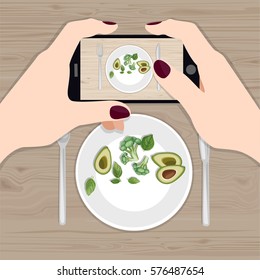 Hands holding phone taking photo of lunch on wood table. Instagram blogger. Subject photography. Freelancer. Top view. Flat vector illustration.