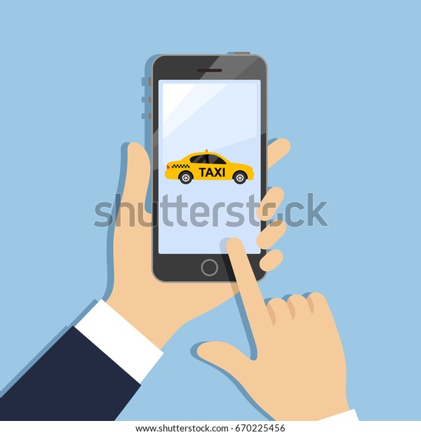 Hands holding phone with taxi service application\
on screen