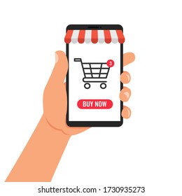 Hands holding a phone. There is online-shopping and button "buy now”. Vector Illustration.