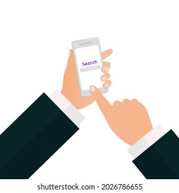 Manos sosteniendo la búsqueda de pantalla táctil de teléfono.manos en el diseño de vectores móviles.