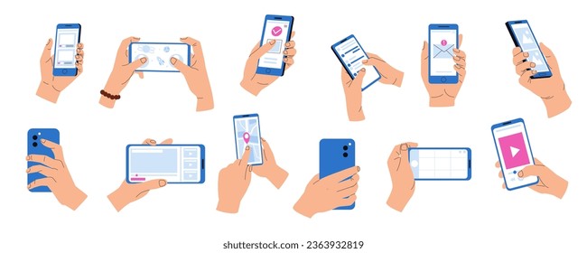 Hands holding phones with apps. Smartphone with applications on display in flat style, mobile device with video message and dating applications. Vector isolated set. Using map, chatting