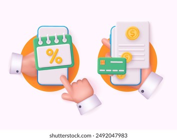 Hands holding phones with banking app. Bank credit concept. Percent, good interest rate, interest-free. 3D Web Vector Illustrations. 